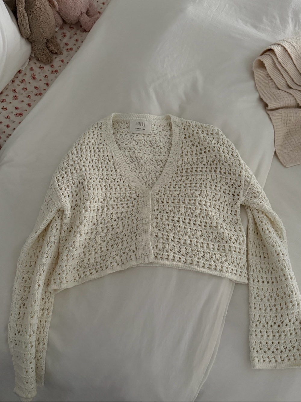 Zara Cream Open‑Knit Cropped Button Cardigan